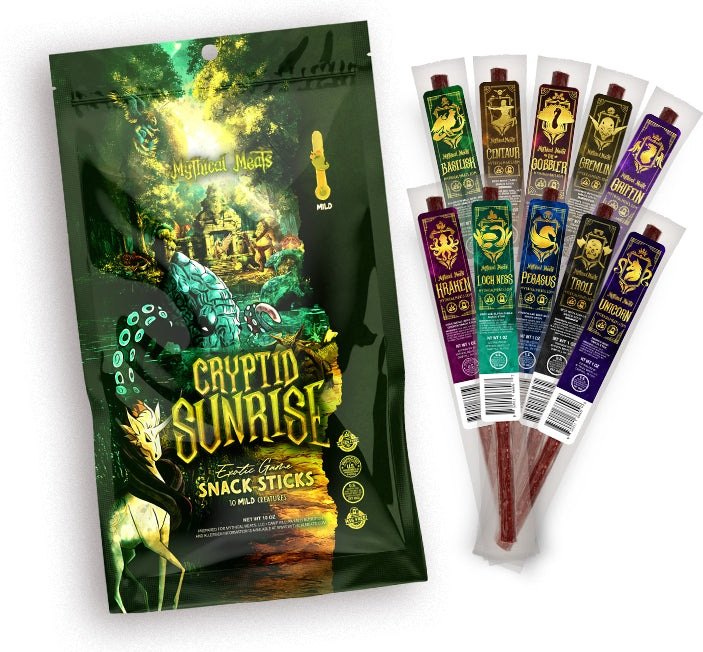 Cryptid Sunrise mild variety pack with ten snack sticks.