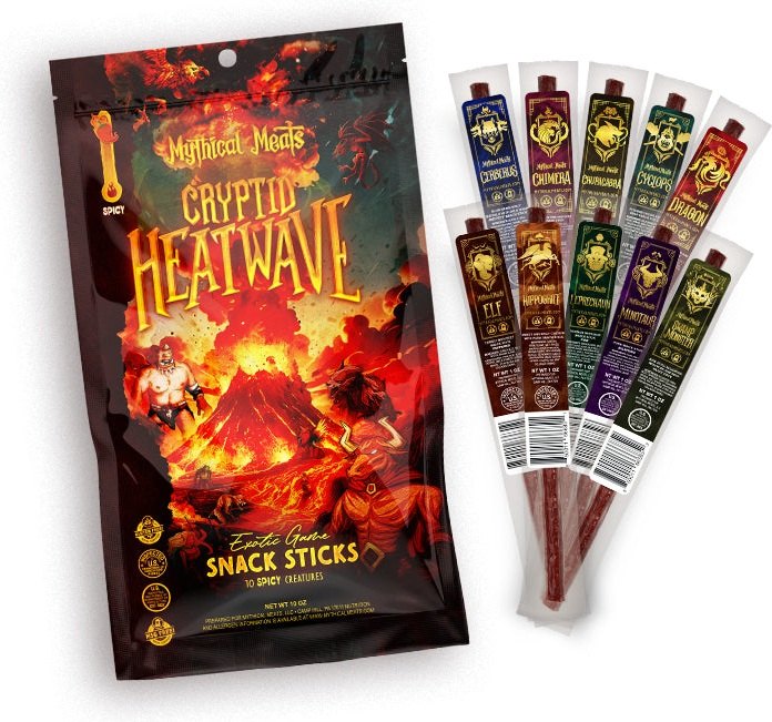 Cryptid Heatwave spicy variety pack with ten snack sticks.
